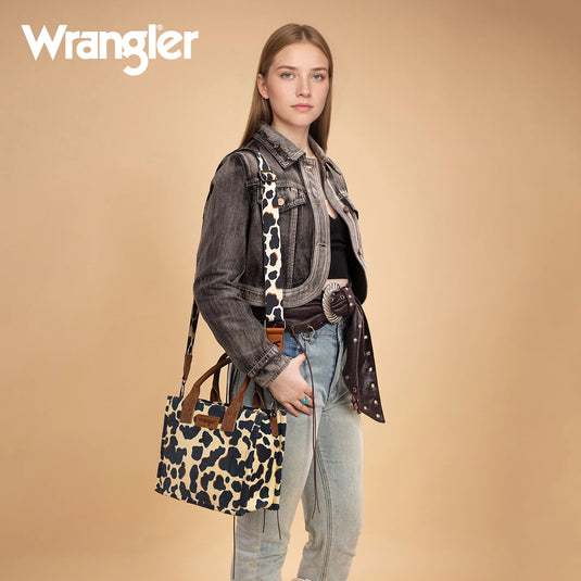 WG264-8120BR - Wrangler Cow Print Concealed Carry Tote/Crossbody - Brown
