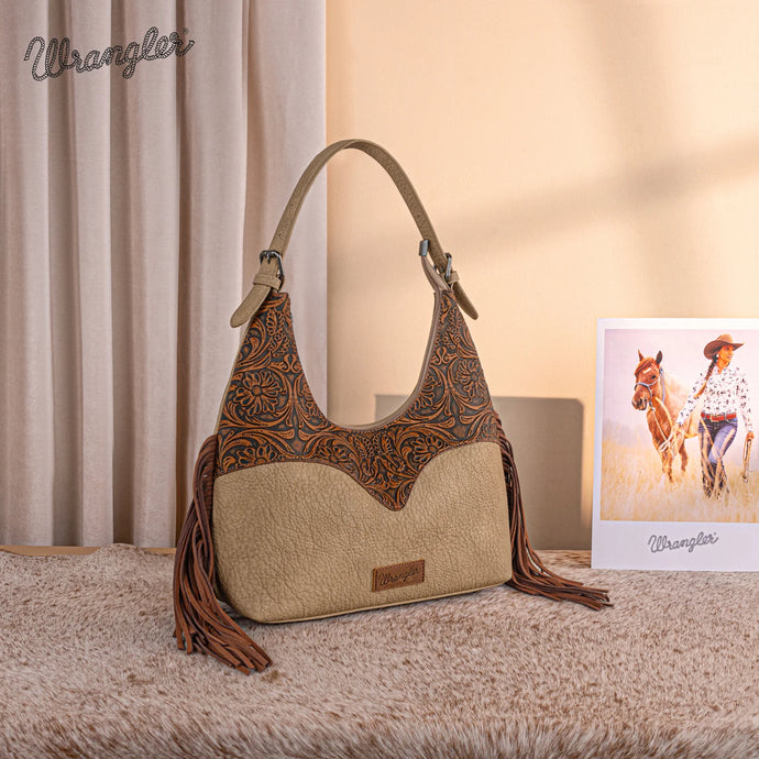WG265-3027BR-TN - Wrangler Fringe Floral Tooled Hobo Bag - Brown/Tan