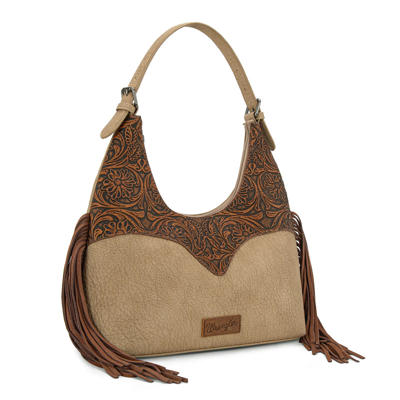 Load image into Gallery viewer, WG265-3027BR-TN - Wrangler Fringe Floral Tooled Hobo Bag - Brown/Tan
