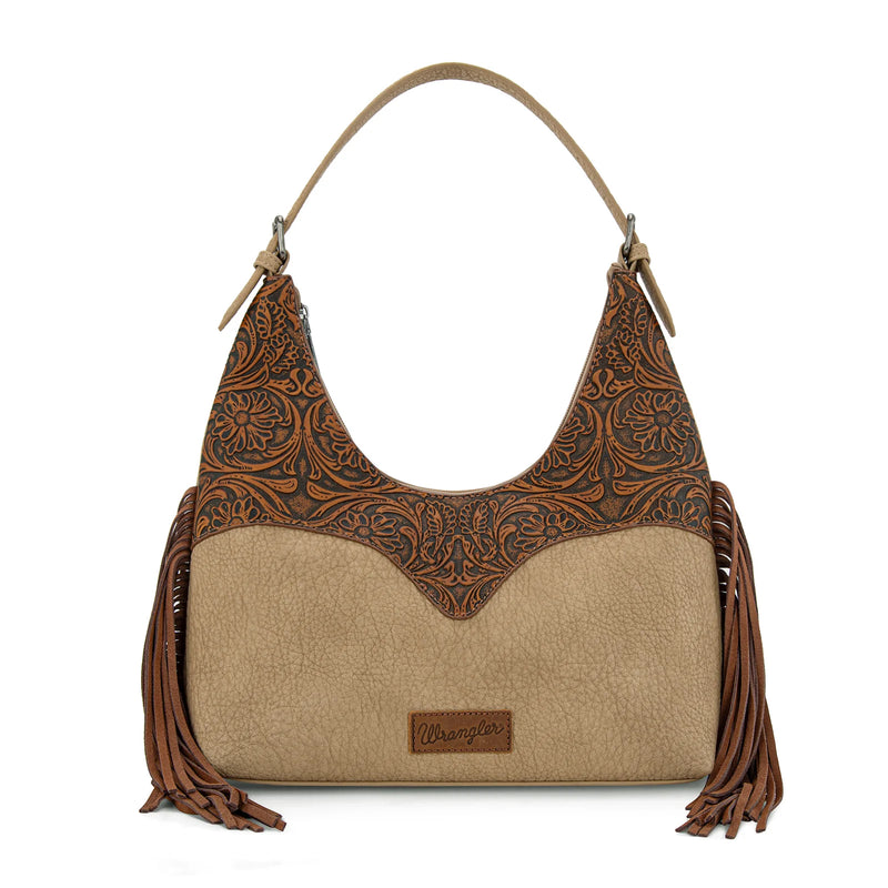 Load image into Gallery viewer, WG265-3027BR-TN - Wrangler Fringe Floral Tooled Hobo Bag - Brown/Tan
