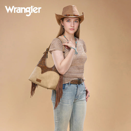 WG265-3027BR-TN - Wrangler Fringe Floral Tooled Hobo Bag - Brown/Tan