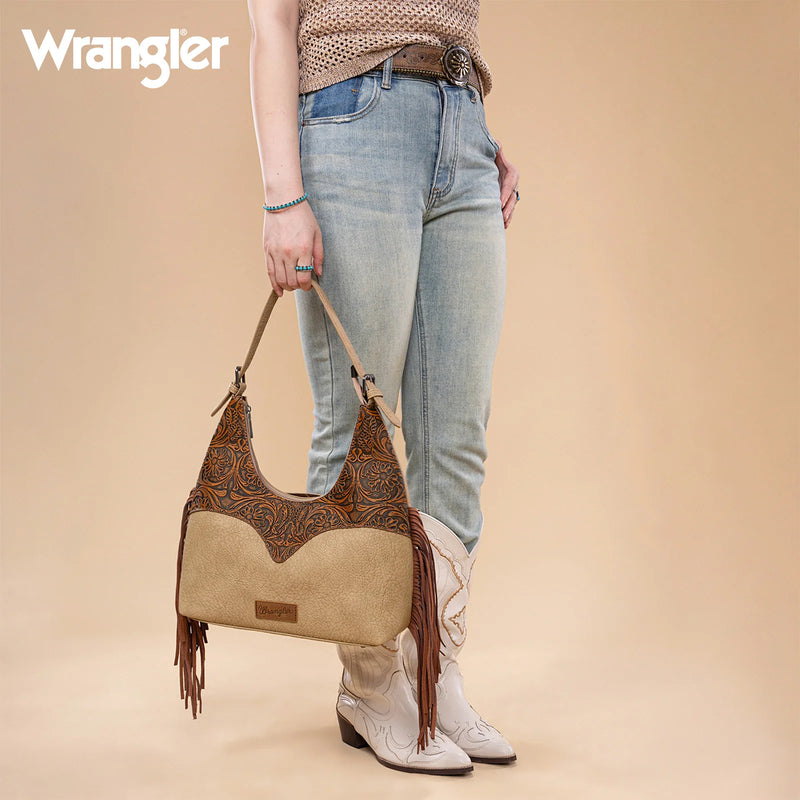 Load image into Gallery viewer, WG265-3027BR-TN - Wrangler Fringe Floral Tooled Hobo Bag - Brown/Tan
