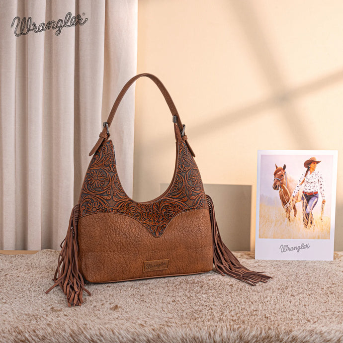 WG265-3027BR - Wrangler Fringe Floral Tooled Hobo Bag - Brown