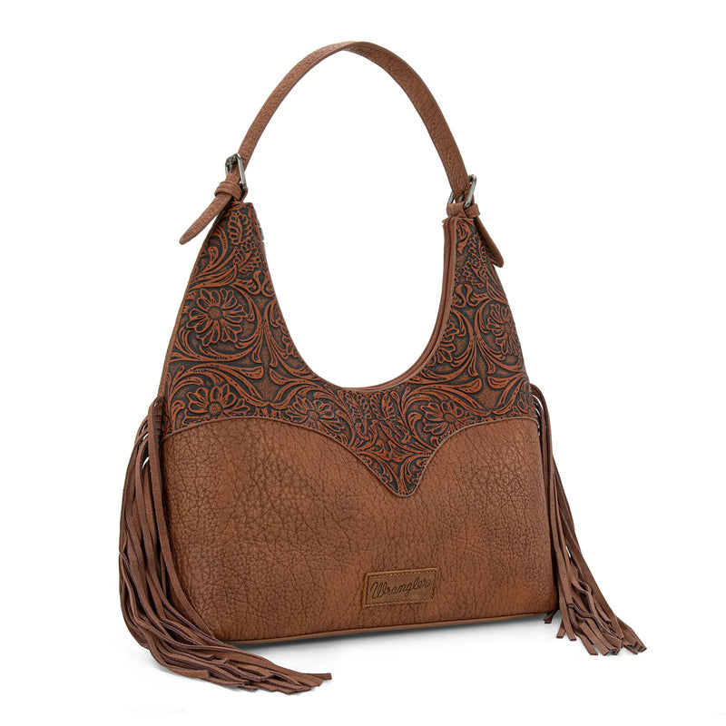 Load image into Gallery viewer, WG265-3027BR - Wrangler Fringe Floral Tooled Hobo Bag - Brown
