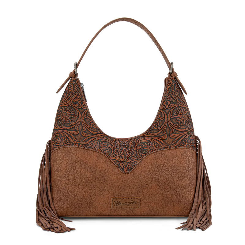 Load image into Gallery viewer, WG265-3027BR - Wrangler Fringe Floral Tooled Hobo Bag - Brown
