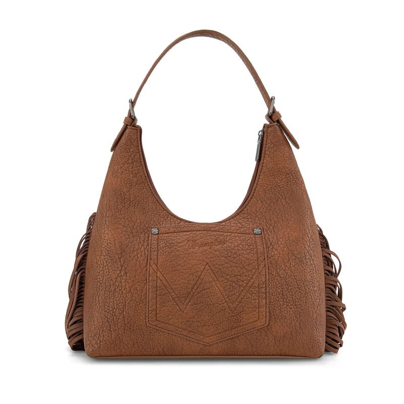 Load image into Gallery viewer, WG265-3027BR - Wrangler Fringe Floral Tooled Hobo Bag - Brown
