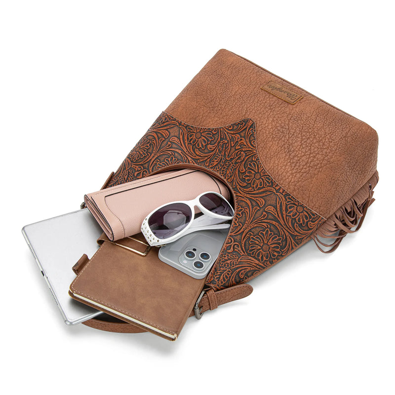 Load image into Gallery viewer, WG265-3027BR - Wrangler Fringe Floral Tooled Hobo Bag - Brown
