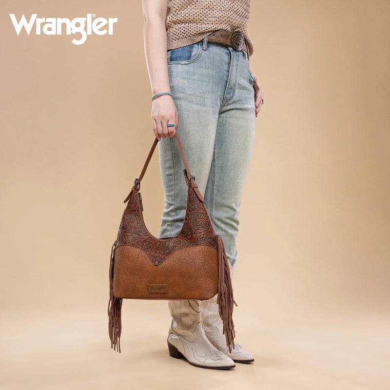 Load image into Gallery viewer, WG265-3027BR - Wrangler Fringe Floral Tooled Hobo Bag - Brown
