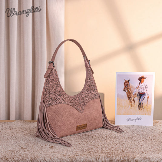 WG265-3027DPK - Wrangler Fringe Floral Tooled Hobo Bag - Dark Pink