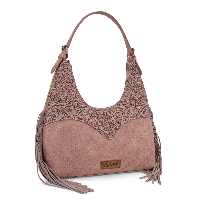 Load image into Gallery viewer, WG265-3027DPK - Wrangler Fringe Floral Tooled Hobo Bag - Dark Pink

