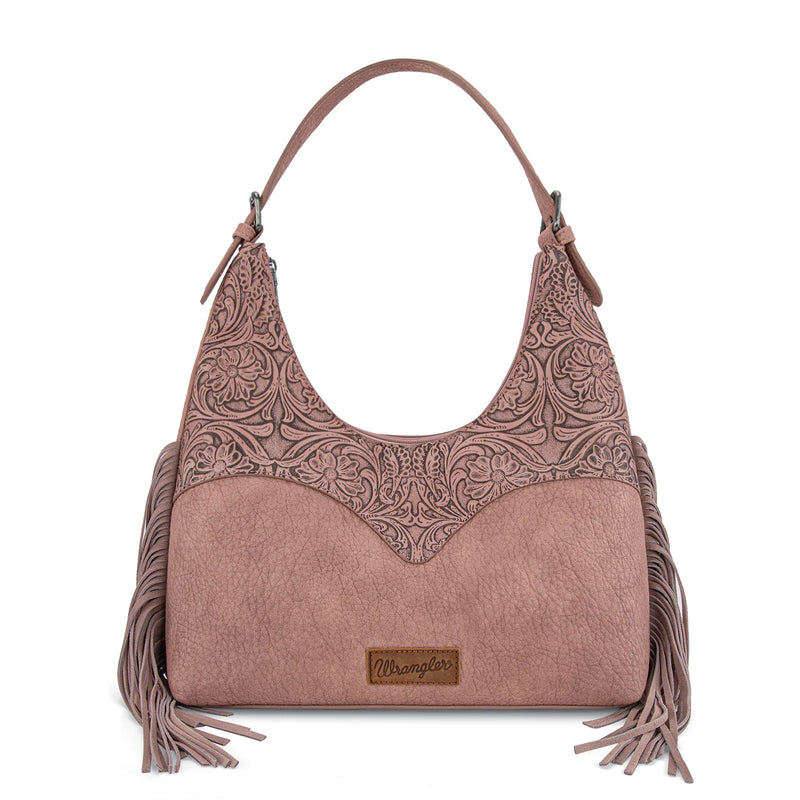 Load image into Gallery viewer, WG265-3027DPK - Wrangler Fringe Floral Tooled Hobo Bag - Dark Pink
