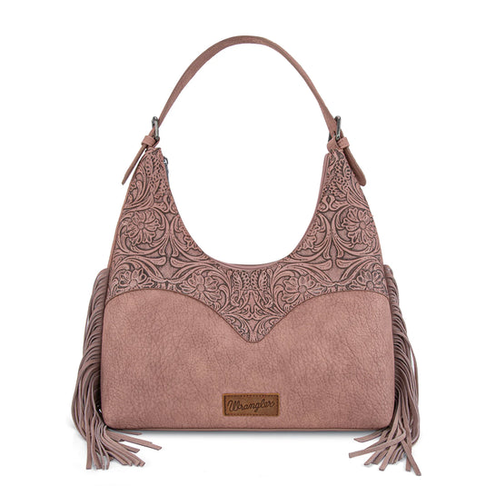 WG265-3027DPK - Wrangler Fringe Floral Tooled Hobo Bag - Dark Pink