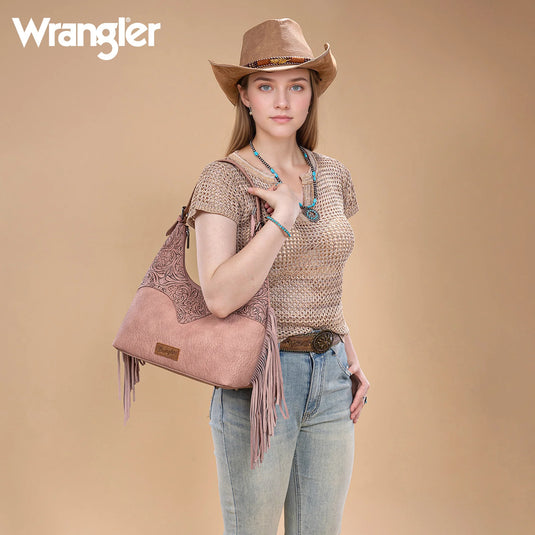 WG265-3027DPK - Wrangler Fringe Floral Tooled Hobo Bag - Dark Pink