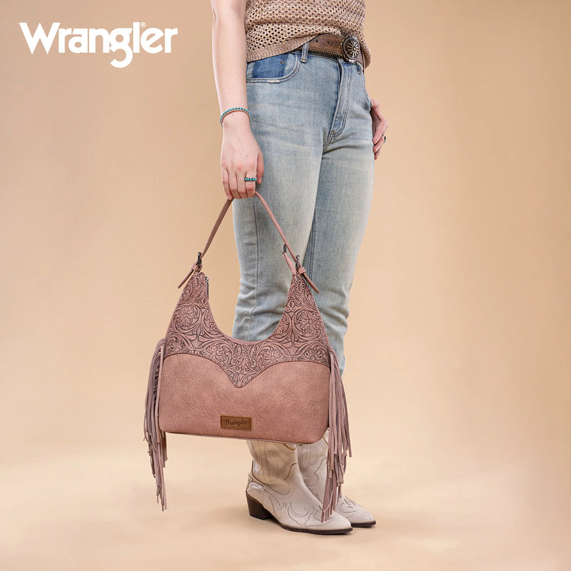 Load image into Gallery viewer, WG265-3027DPK - Wrangler Fringe Floral Tooled Hobo Bag - Dark Pink
