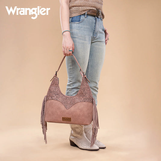 WG265-3027DPK - Wrangler Fringe Floral Tooled Hobo Bag - Dark Pink
