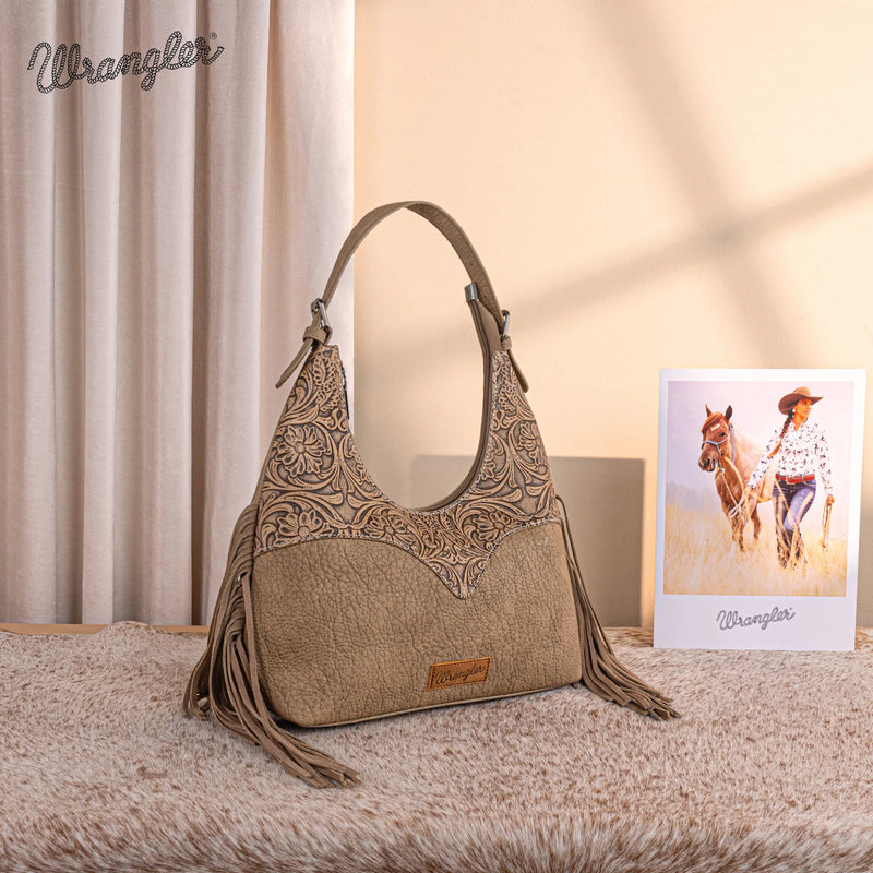 Load image into Gallery viewer, WG265-3027KH - Wrangler Fringe Floral Tooled Hobo Bag - Khaki
