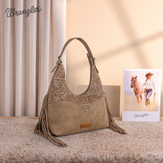 WG265-3027KH - Wrangler Fringe Floral Tooled Hobo Bag - Khaki