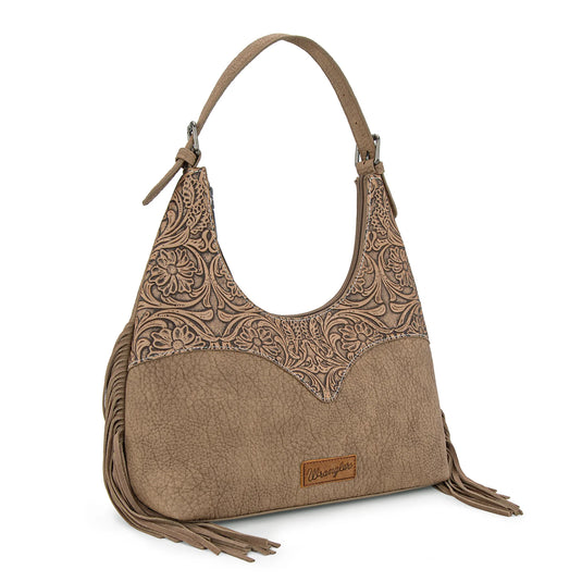 WG265-3027KH - Wrangler Fringe Floral Tooled Hobo Bag - Khaki