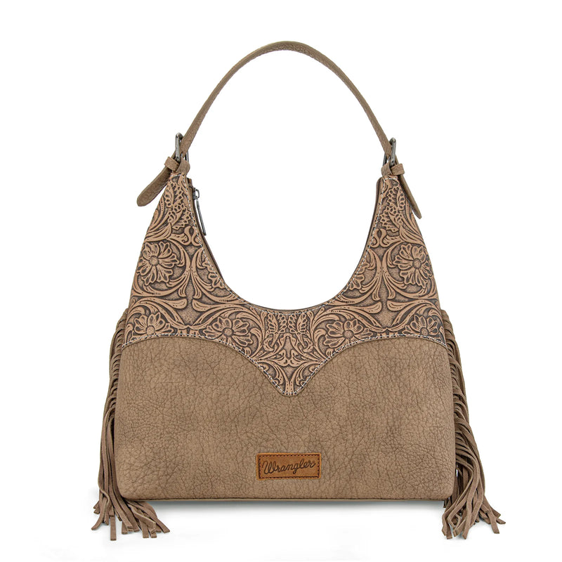 Load image into Gallery viewer, WG265-3027KH - Wrangler Fringe Floral Tooled Hobo Bag - Khaki
