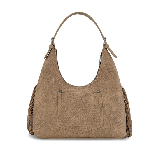 WG265-3027KH - Wrangler Fringe Floral Tooled Hobo Bag - Khaki