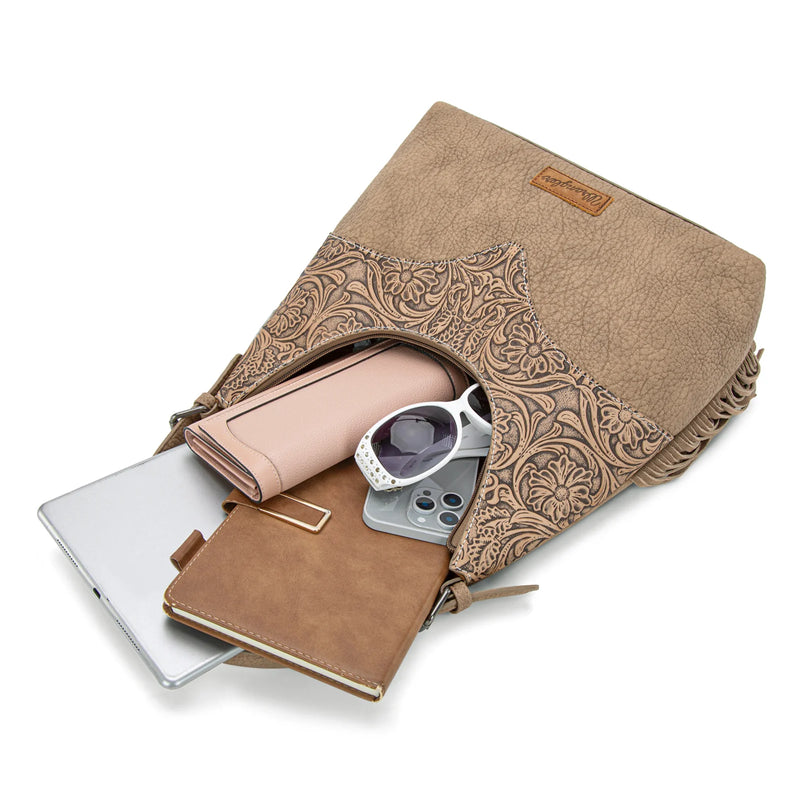 Load image into Gallery viewer, WG265-3027KH - Wrangler Fringe Floral Tooled Hobo Bag - Khaki
