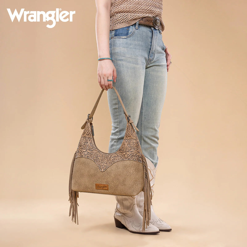 Load image into Gallery viewer, WG265-3027KH - Wrangler Fringe Floral Tooled Hobo Bag - Khaki
