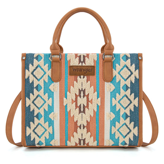 WG275-8120BR - Wrangler Sherpa Aztec Canvas Tote/Crossbody - Brown