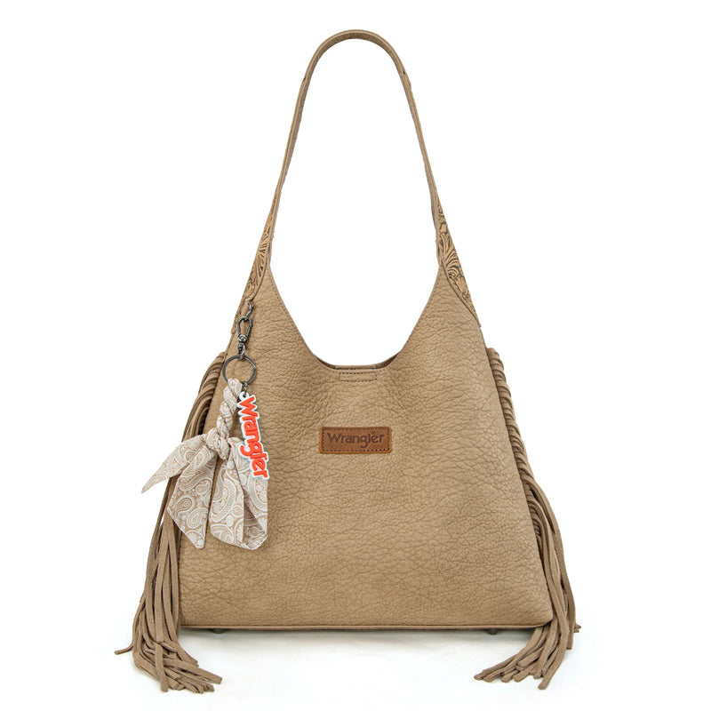 Load image into Gallery viewer, WG279-9182TN - Wrangler Fringe Floral Tooled Hobo Bag - Tan

