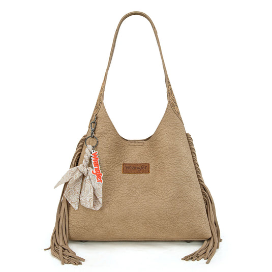WG279-9182TN - Wrangler Fringe Floral Tooled Hobo Bag - Tan
