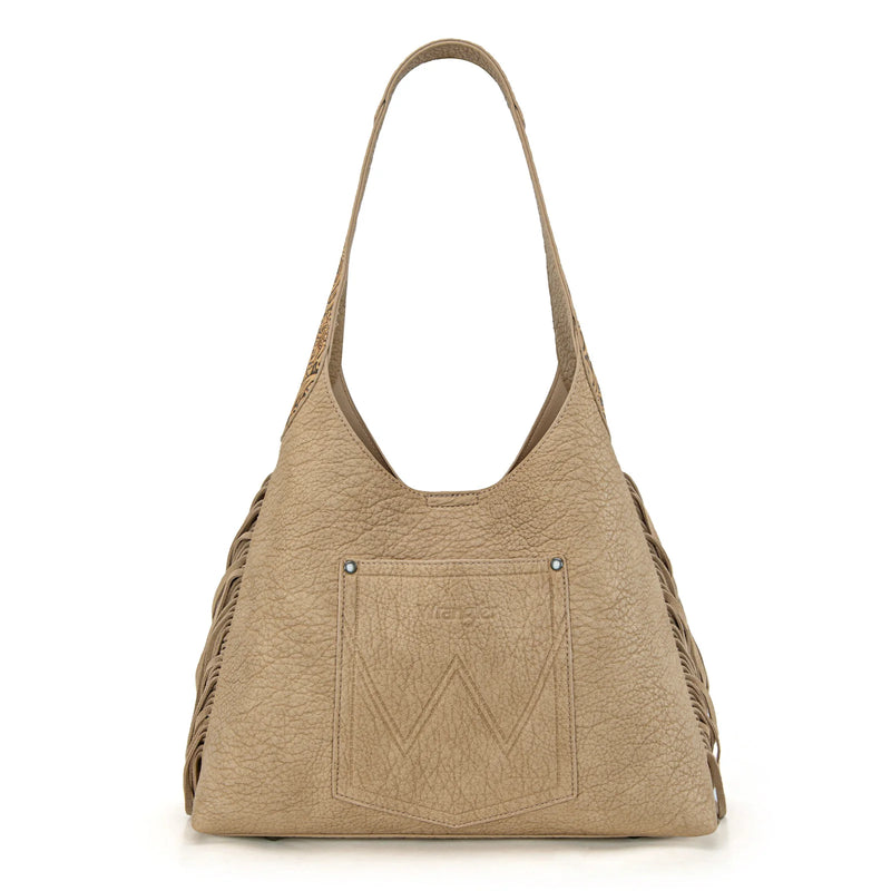 Load image into Gallery viewer, WG279-9182TN - Wrangler Fringe Floral Tooled Hobo Bag - Tan
