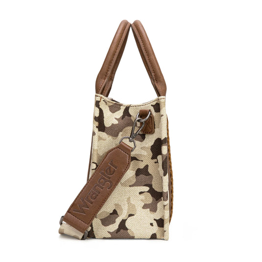WG286-8120SBR - Wrangler Camo Print Concealed Carry Tote/Crossbody -Brown