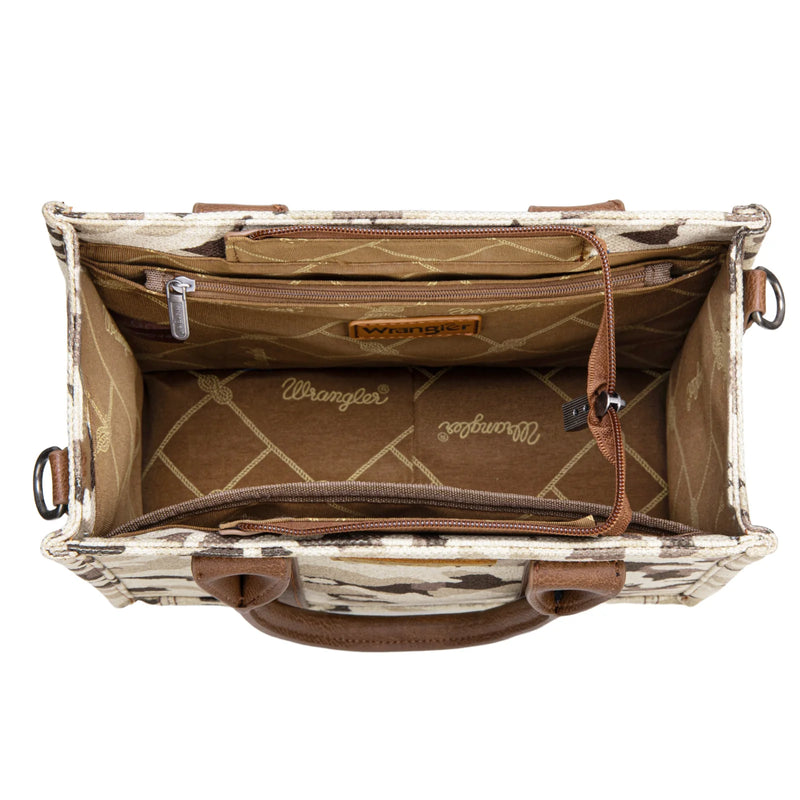 Load image into Gallery viewer, WG286-8120SBR - Wrangler Camo Print Concealed Carry Tote/Crossbody -Brown
