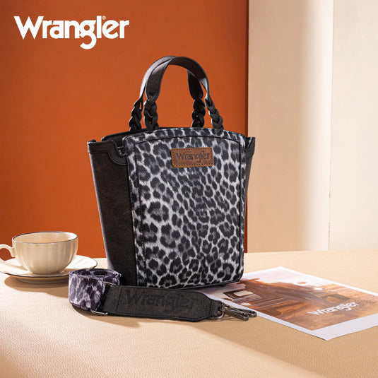 WG296-8014BK - Wrangler Leopard Print Braided Handle Tote/Crossbody - Black