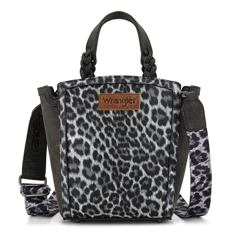 Load image into Gallery viewer, WG296-8014BK - Wrangler Leopard Print Braided Handle Tote/Crossbody - Black
