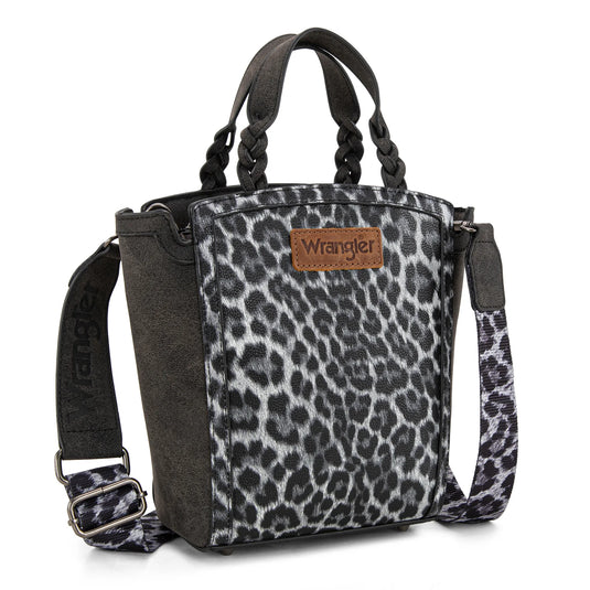 WG296-8014BK - Wrangler Leopard Print Braided Handle Tote/Crossbody - Black