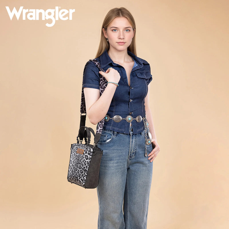 Load image into Gallery viewer, WG296-8014BK - Wrangler Leopard Print Braided Handle Tote/Crossbody - Black
