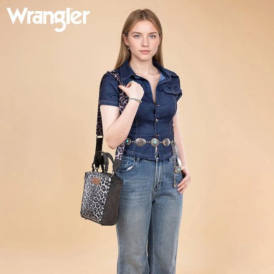 WG296-8014BK - Wrangler Leopard Print Braided Handle Tote/Crossbody - Black