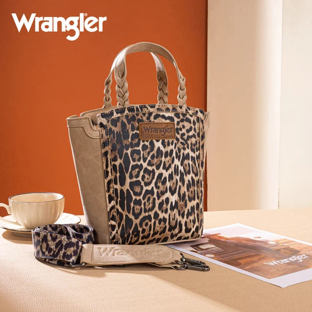 Load image into Gallery viewer, WG296-8014TN - Wrangler Leopard Print Braided Handle Tote/Crossbody - Tan
