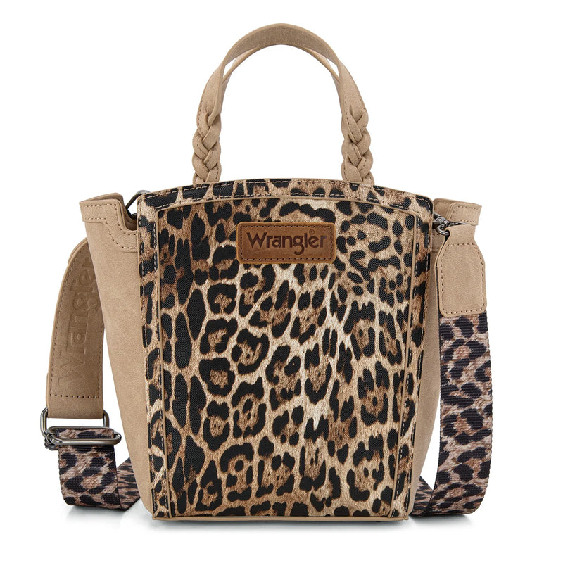 Load image into Gallery viewer, WG296-8014TN - Wrangler Leopard Print Braided Handle Tote/Crossbody - Tan
