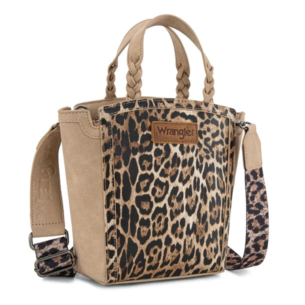 Load image into Gallery viewer, WG296-8014TN - Wrangler Leopard Print Braided Handle Tote/Crossbody - Tan
