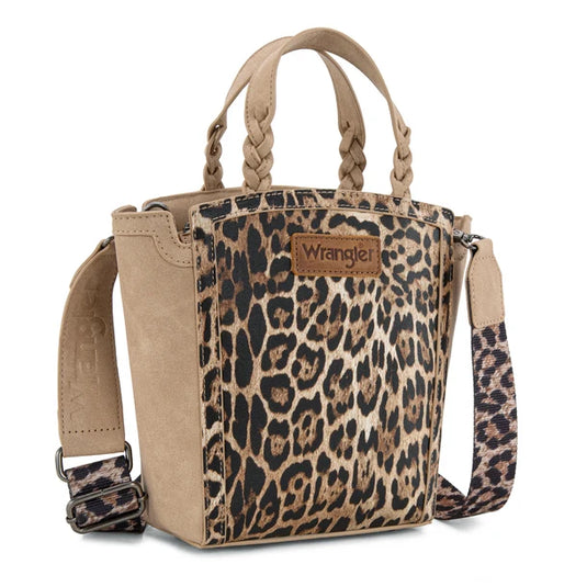WG296-8014TN - Wrangler Leopard Print Braided Handle Tote/Crossbody - Tan