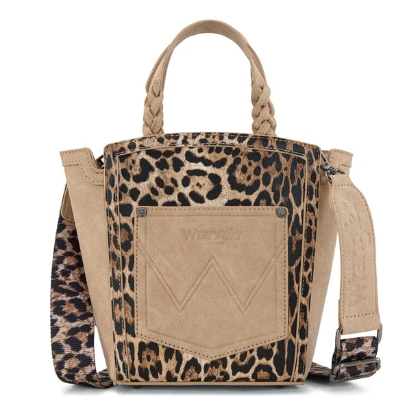 Load image into Gallery viewer, WG296-8014TN - Wrangler Leopard Print Braided Handle Tote/Crossbody - Tan

