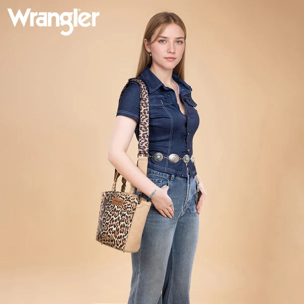 Load image into Gallery viewer, WG296-8014TN - Wrangler Leopard Print Braided Handle Tote/Crossbody - Tan
