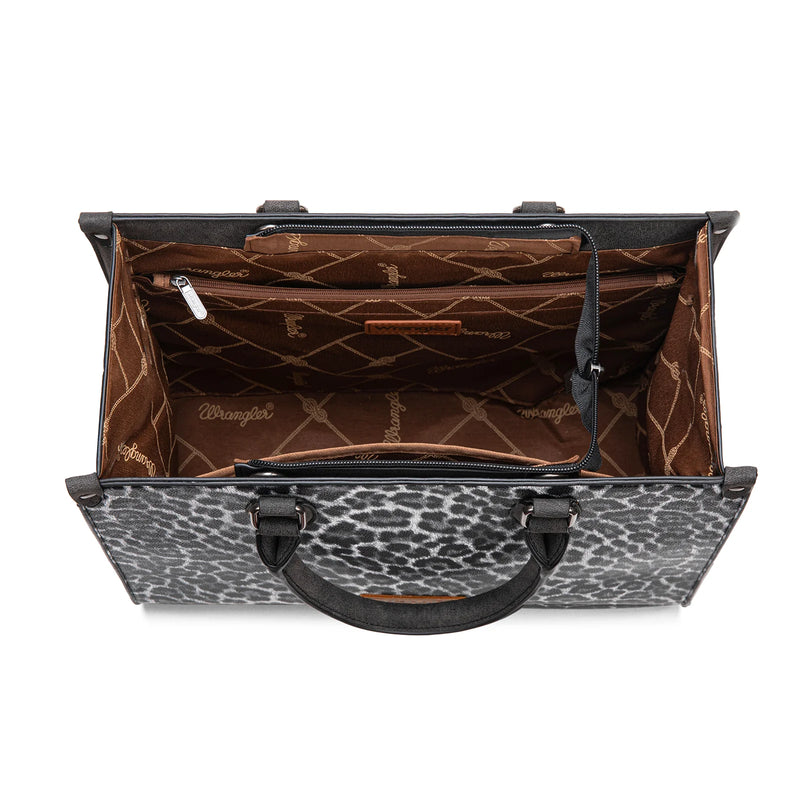Load image into Gallery viewer, WG296-8625BK - Wrangler Leopard Print Wide Tote Bag/Crossbody- Black
