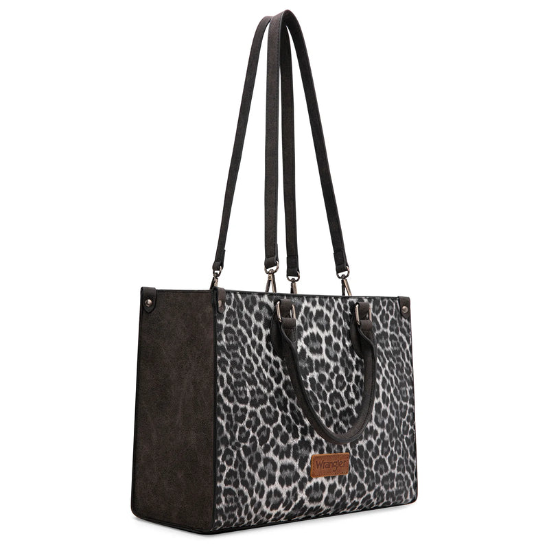 Load image into Gallery viewer, WG296-8625BK - Wrangler Leopard Print Wide Tote Bag/Crossbody- Black

