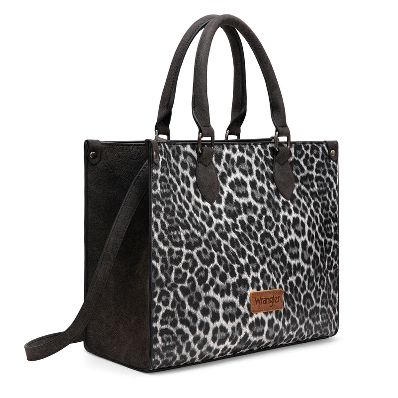 Load image into Gallery viewer, WG296-8625BK - Wrangler Leopard Print Wide Tote Bag/Crossbody- Black
