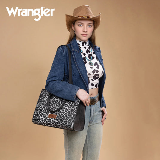WG296-8625BK - Wrangler Leopard Print Wide Tote Bag/Crossbody- Black