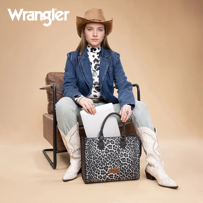Load image into Gallery viewer, WG296-8625BK - Wrangler Leopard Print Wide Tote Bag/Crossbody- Black
