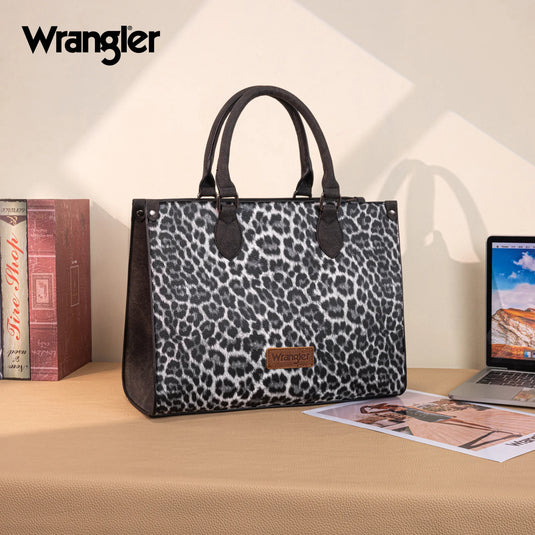 WG296-8625BK - Wrangler Leopard Print Wide Tote Bag/Crossbody- Black