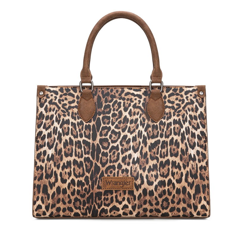 Load image into Gallery viewer, WG296-8625BR - Wrangler Leopard Print Wide Tote Bag/Crossbody- Brown
